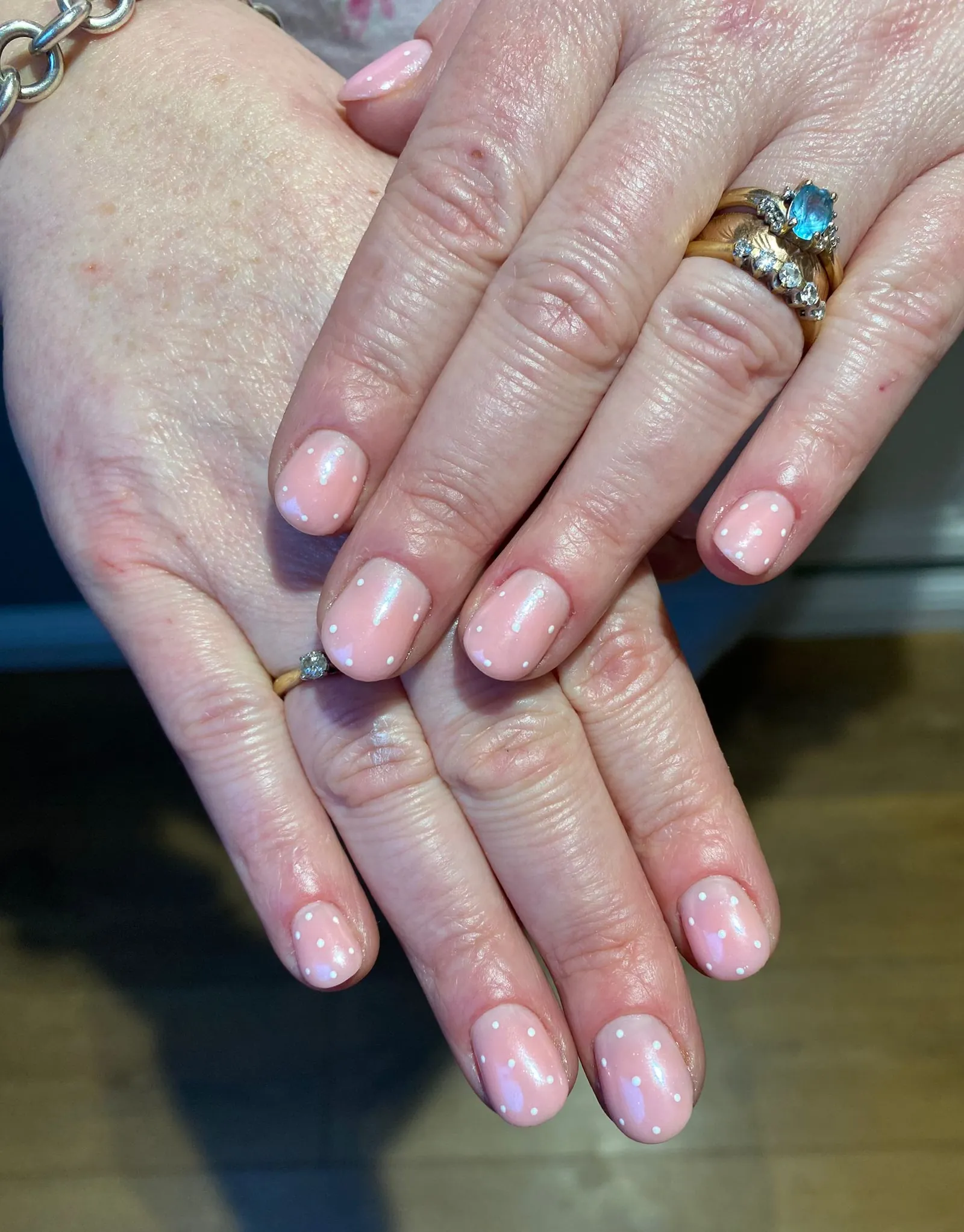 Peach gel polish manicure with polka dot nail art &mdash; Buds Nails, Milton Keynes